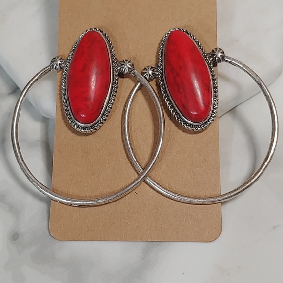 Red Stone Hoop Earrings - Picture 1 of 4